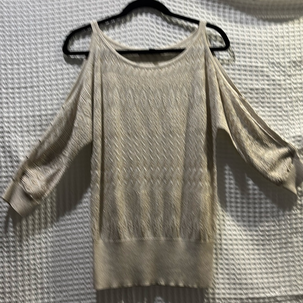 White House Black Market gold metallic “cold shoulder” top